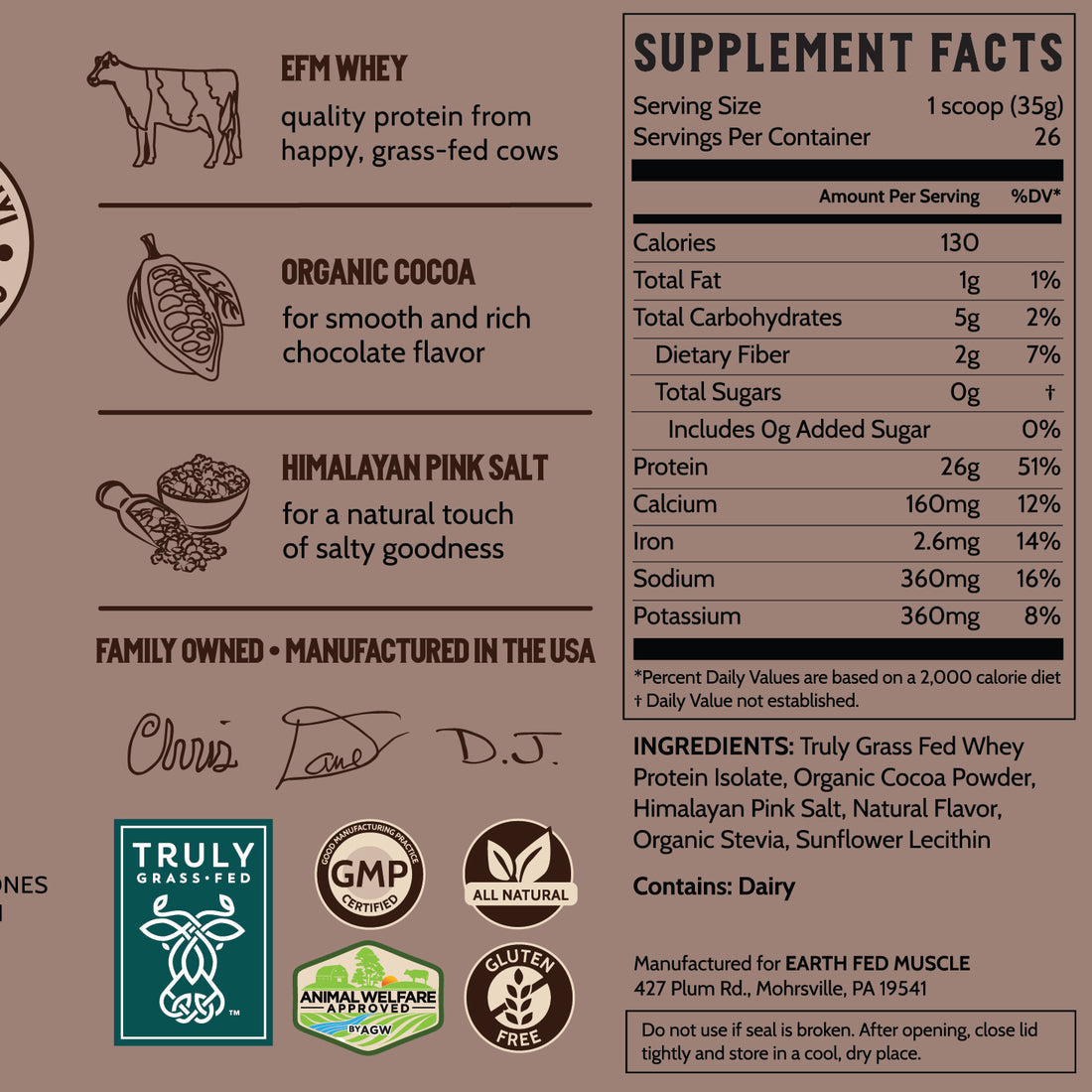 Earth Fed Muscle Grass-Fed Whey Protein - Ca-COW! Chocolate